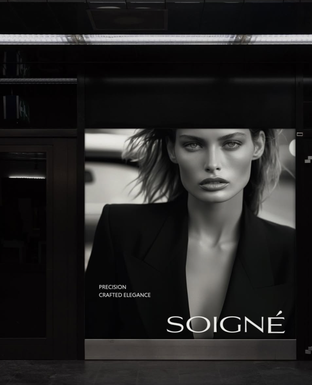 Black and white advertisement poster featuring a woman with short hair, wearing a blazer, with the words 'Precision Crafted Elegance' and the brand name 'SOIGNÉ' at the bottom.