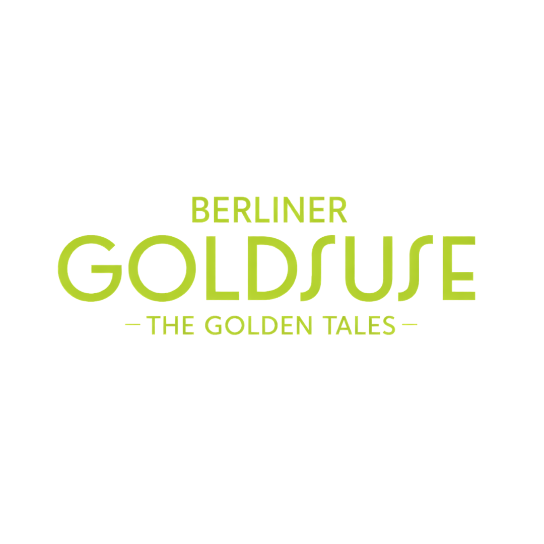 Logo for Berliner Goldquelle, titled 'The Golden Tales', with text in green on a black background.
