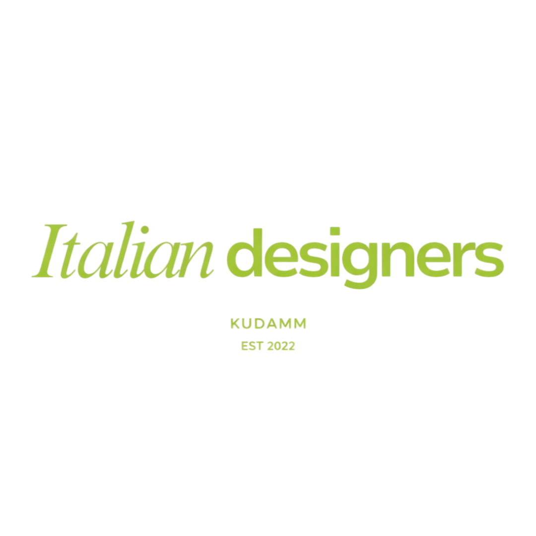 Logo for Italian designers, with a black background and green text that says "Italian designers" and smaller text that says "KUDAMM EST 2022".