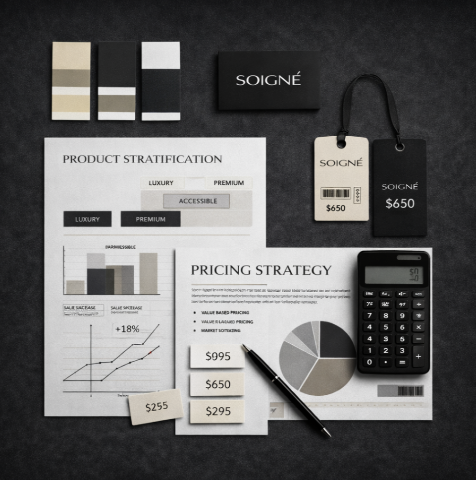 Flat lay of branding and marketing materials, including color swatches, a business card, product tags, charts, pricing sheets, a calculator, and a pen on a dark surface.
