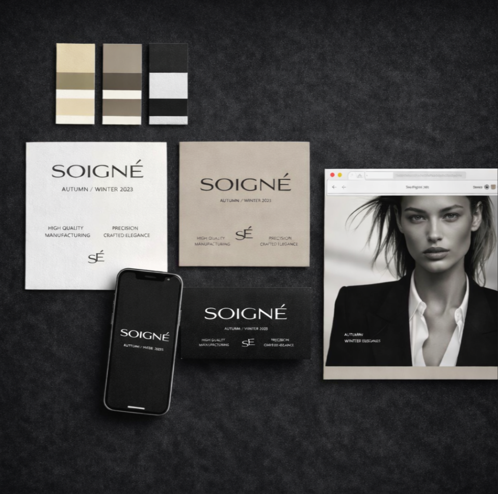 Black and white branding materials for Soigné, including color samples, brochures, a phone screen with the brand name, and a website image.