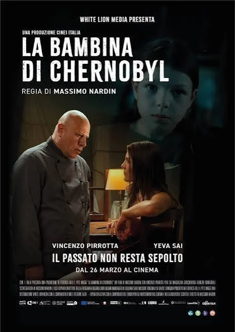 Movie poster for 'La Bambina di Chernobyl' featuring an older man and a young woman sitting and talking, with a large, semi-transparent face of a girl in the background.