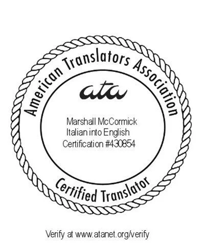 Certification seal issued by the American Translators Association to Marshall McCormick for Italian into English translation.