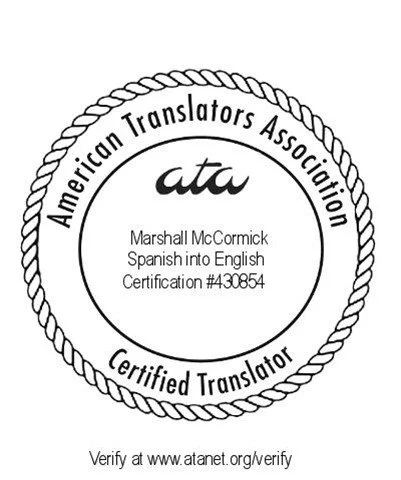 Certificate from the American Translators Association for Marshall McCormick, Spanish to English translation, certification number 430854, with a rope border.