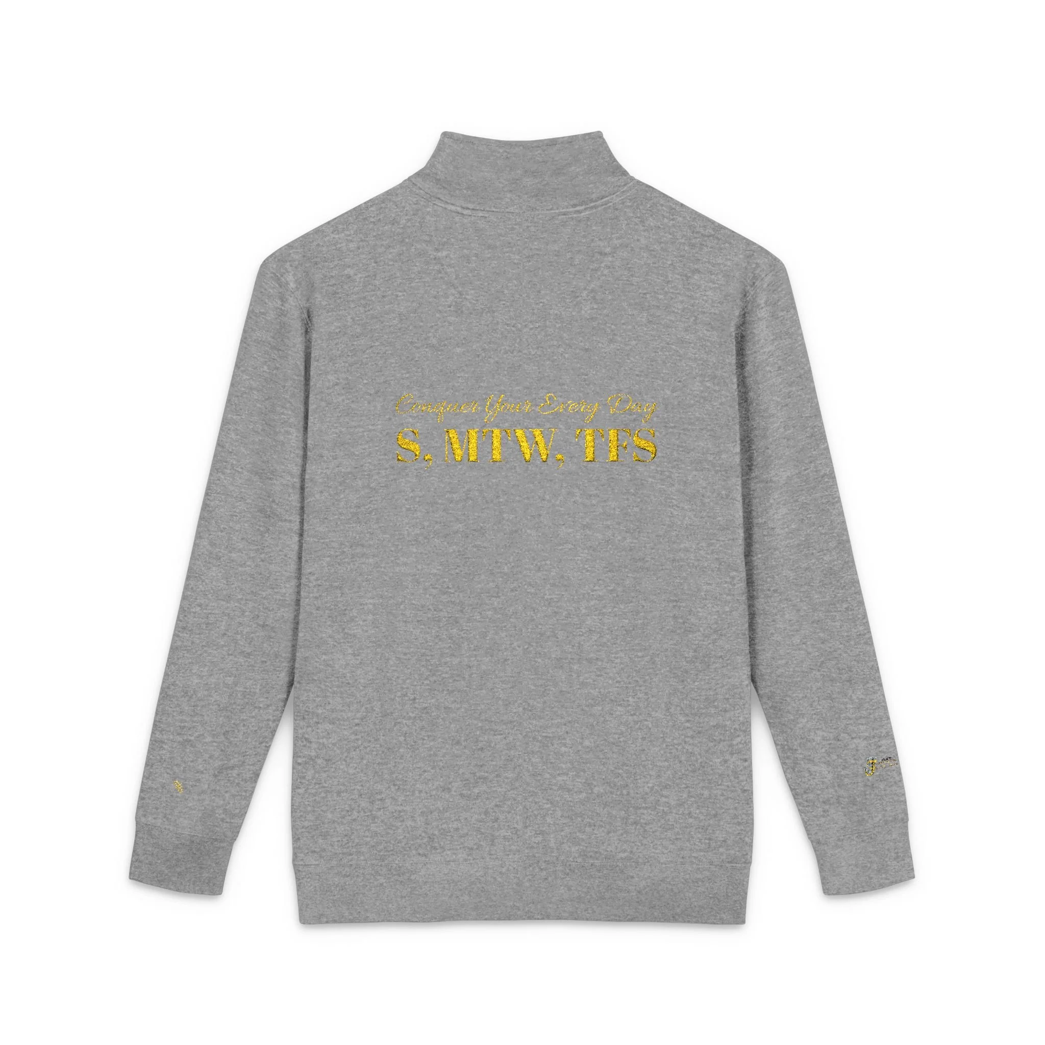 "Conquer Your Every Day" Embroidered Pullover — Cozy Grey Fleece Quarter-Zip