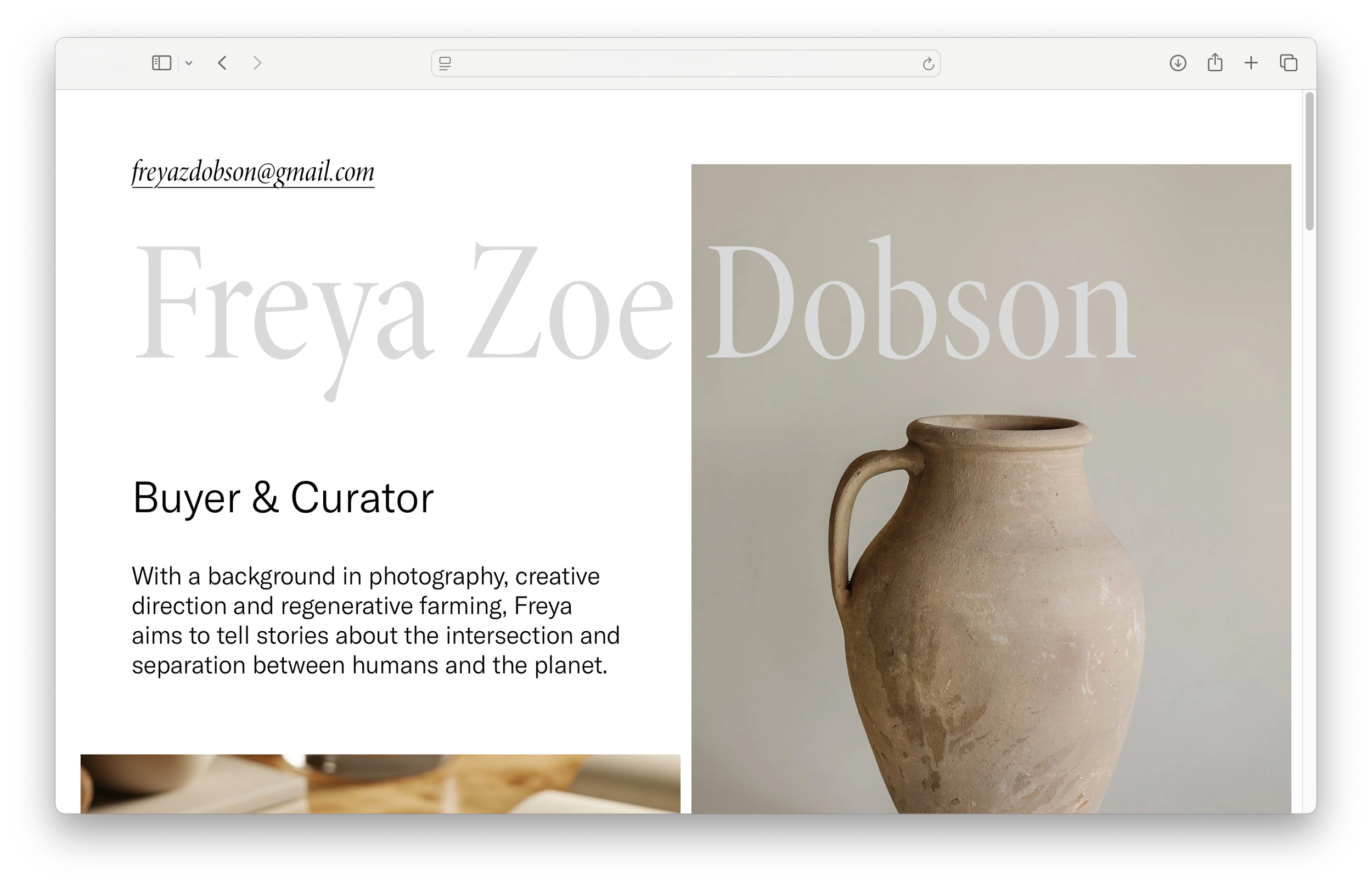 A webpage showcasing the portfolio of Freya Zoe Dobson with her contact email at the top, her large name text in the center, a short biography on the left, and a photograph of a beige ceramic jar on the right.