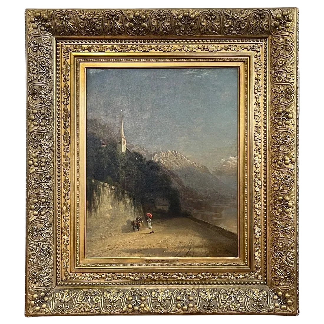 Arthur Parton landscape painting featuring a mountain village road, church steeple, and dramatic alpine scenery in an ornate gilt frame.