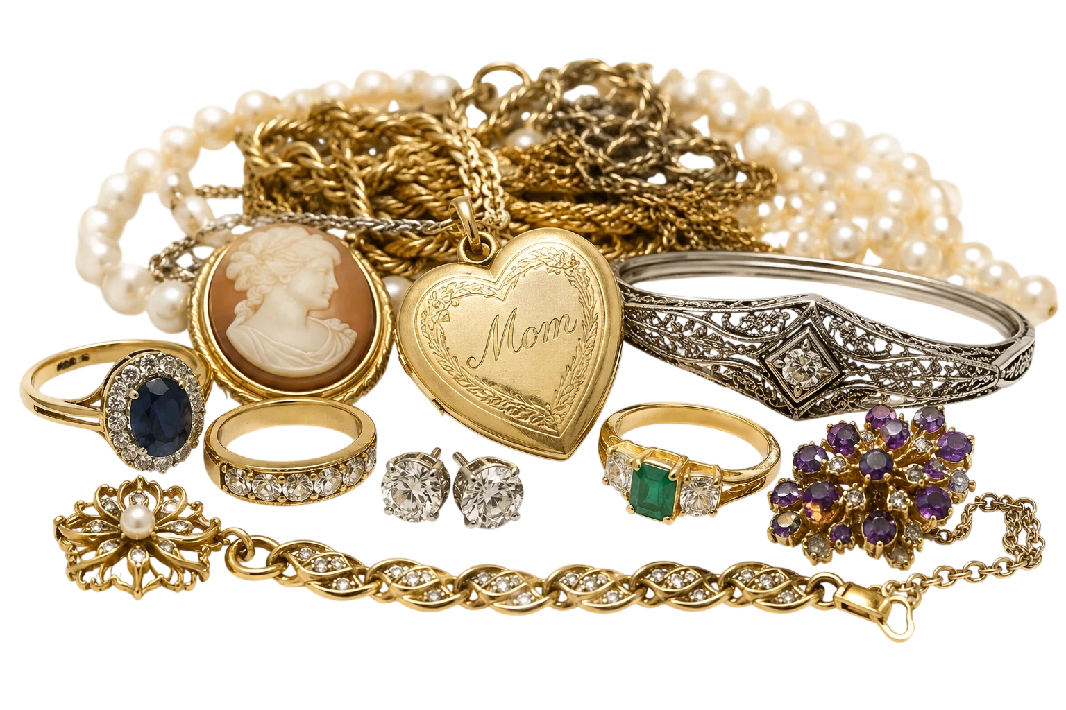 Inherited estate jewelry collection featuring vintage lockets, diamond rings, gold chains, pearl necklaces, gemstone jewelry, and family heirloom pieces.