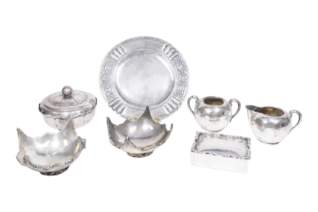 Estate collection of sterling silver including antique serving pieces, tray, covered dish, creamer, and sugar bowl.