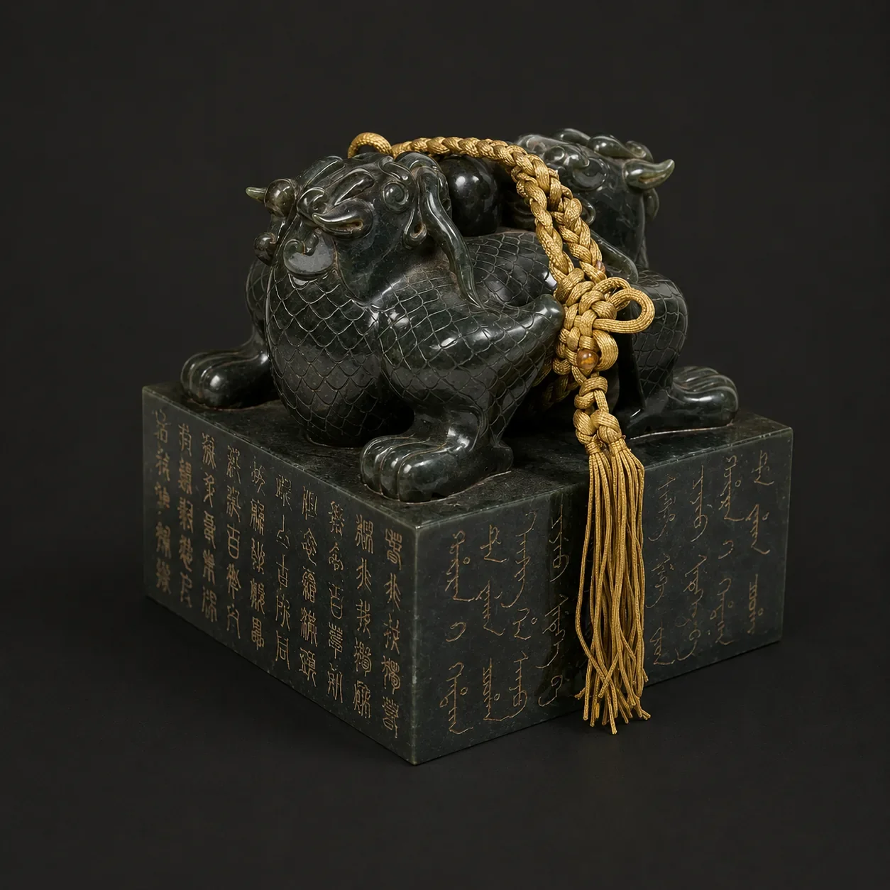Antique Chinese jade seal featuring twin dragon figures atop a carved stone base engraved with calligraphic script.