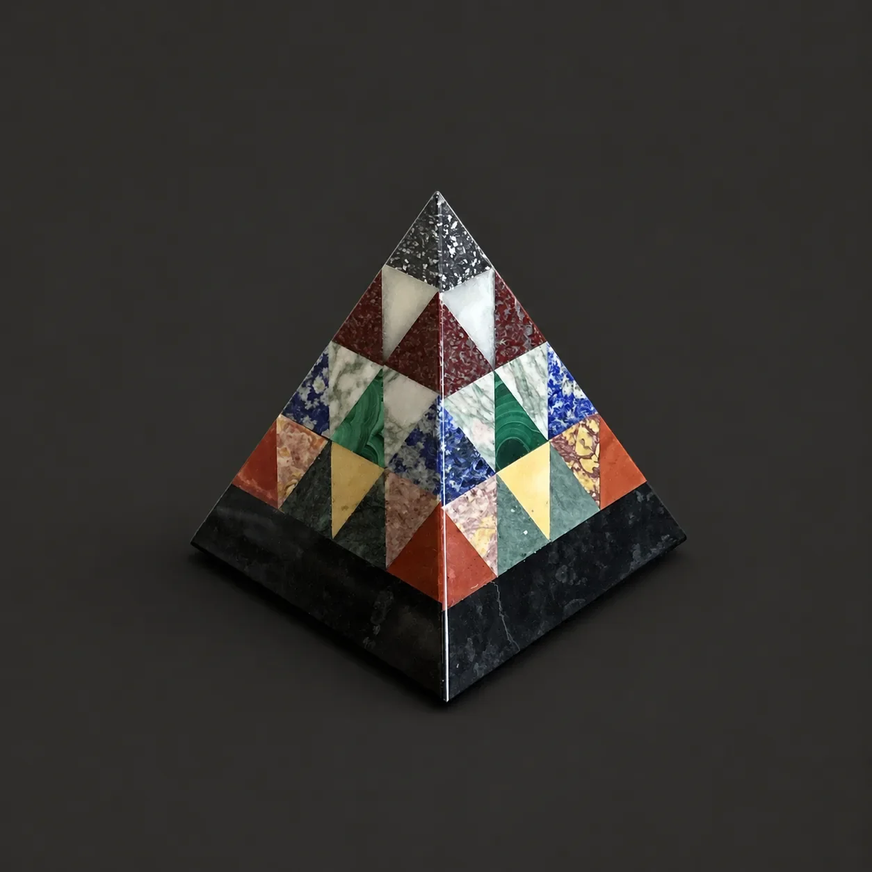 Decorative Grand Tour pyramid paperweight crafted from pietra dura inlaid marble and hardstone specimens arranged in a geometric pattern.