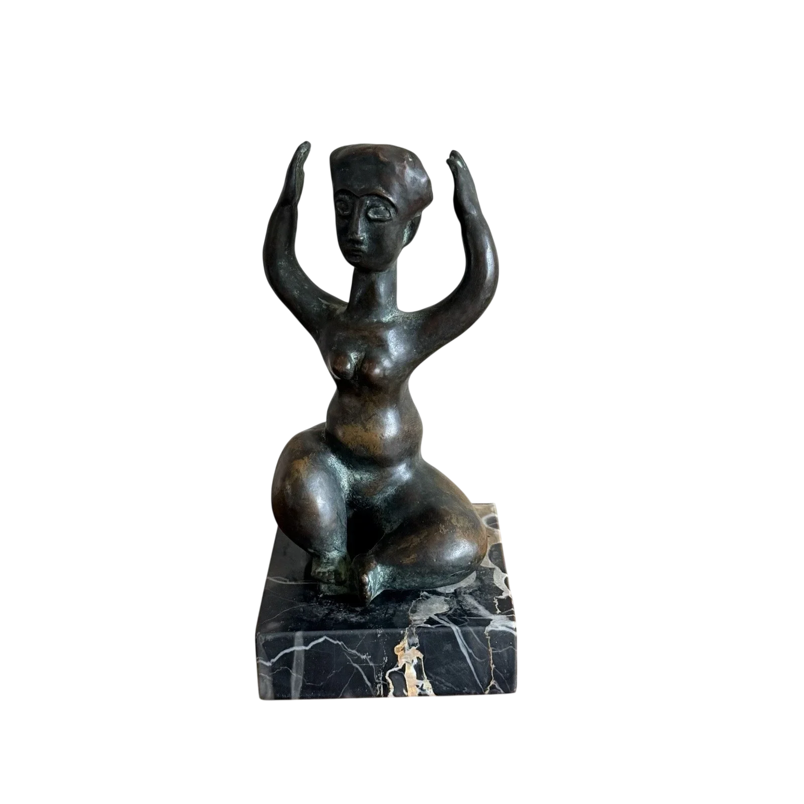 Bronze female figure sculpture by Benjamin Kopman mounted on a black marble base with raised arms and stylized modernist form.