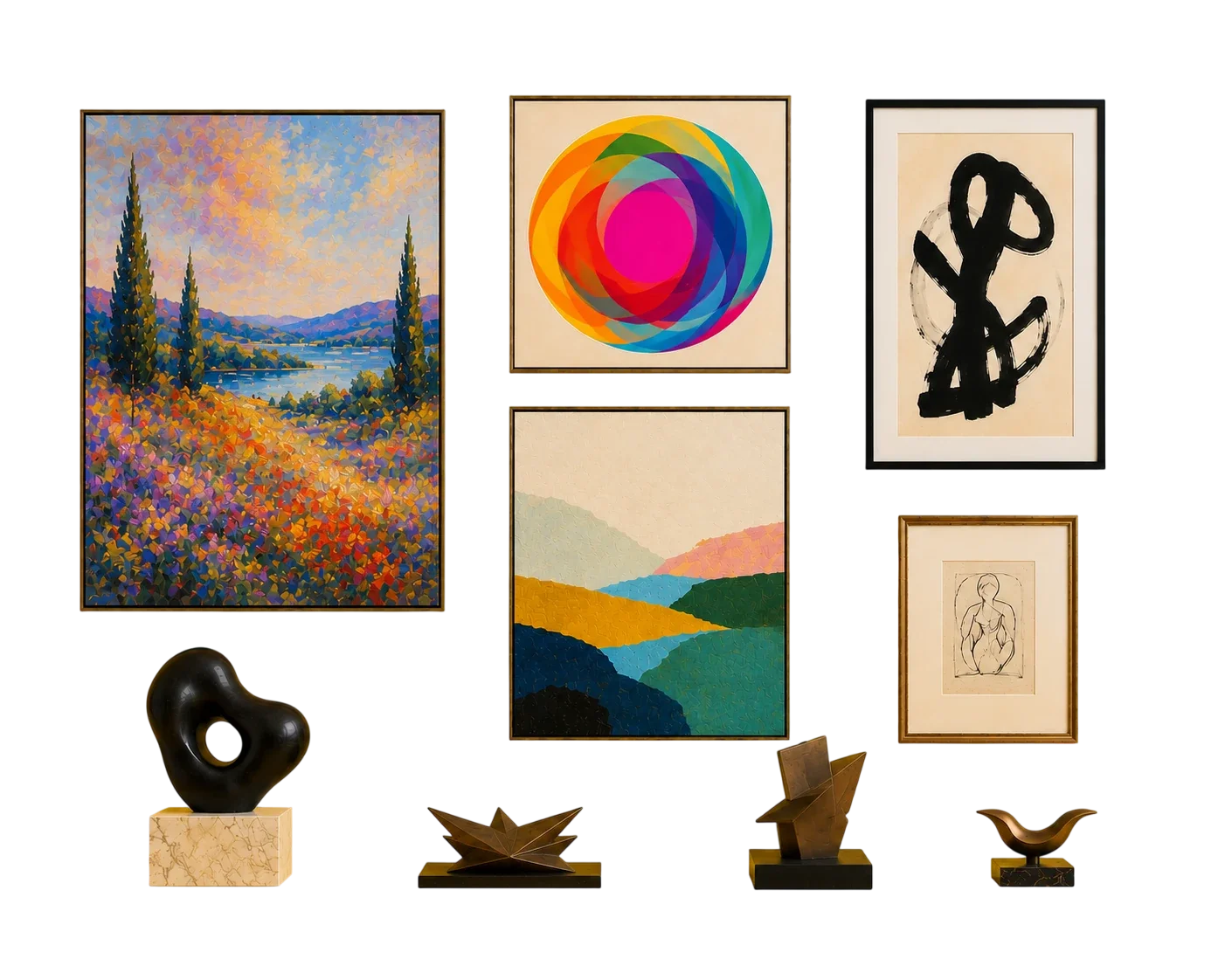 Curated collection of fine art and bronze sculptures displayed in a modern interior gallery arrangement featuring an impressionist landscape, colorful abstract artwork, contemporary paintings, and geometric bronze sculptures.