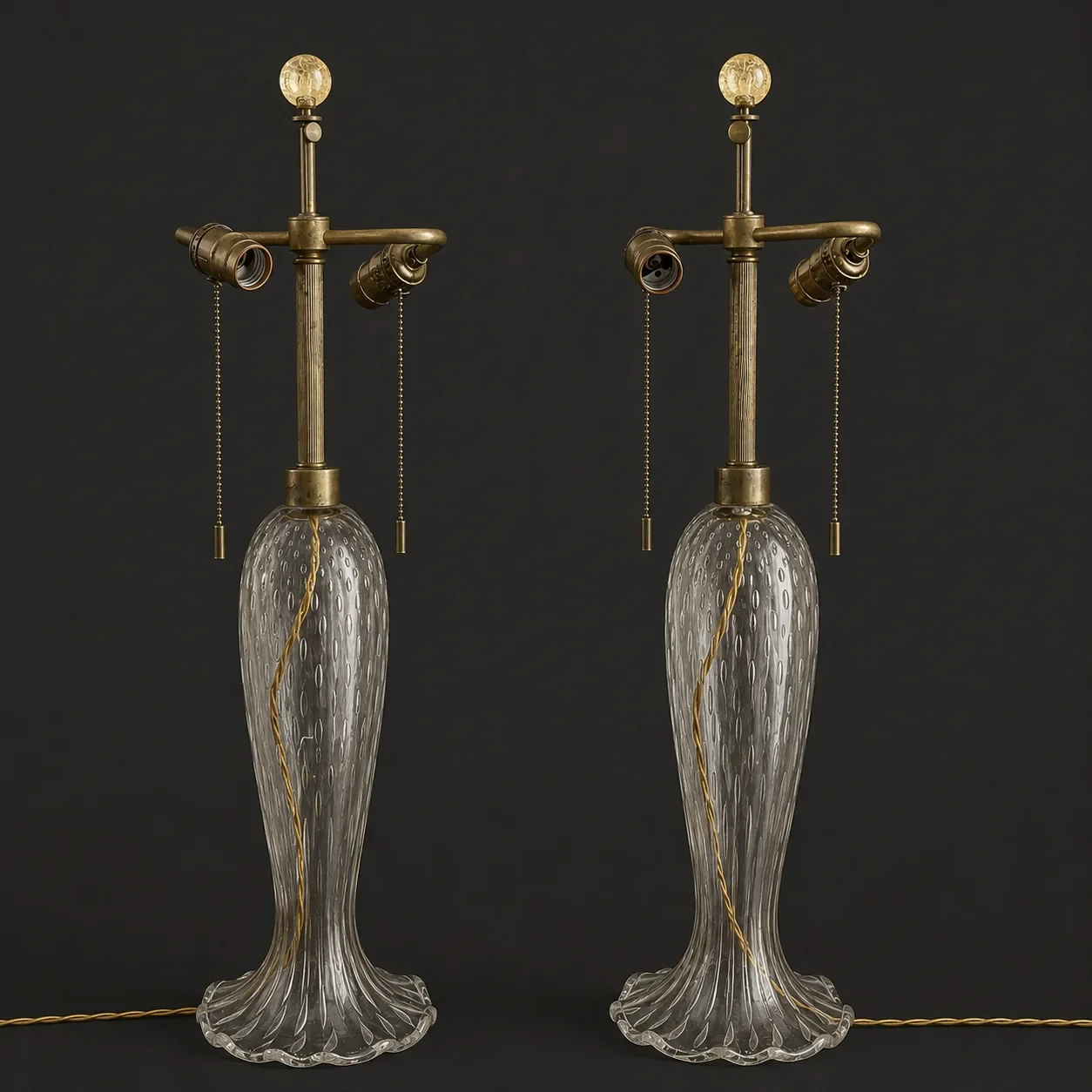 Pair of John Hutton Signed gold speckled glass lamps with brass fittings, a mid-century modern design.