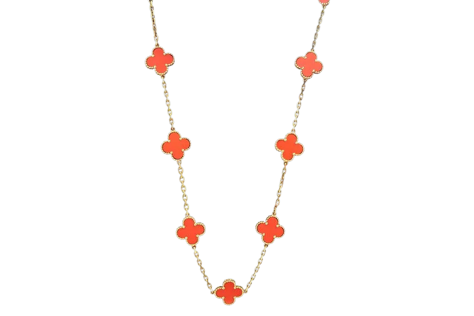 Van Cleef & Arpels Alhambra coral necklace in 18k yellow gold purchased and evaluated by estate jewelry buyers.