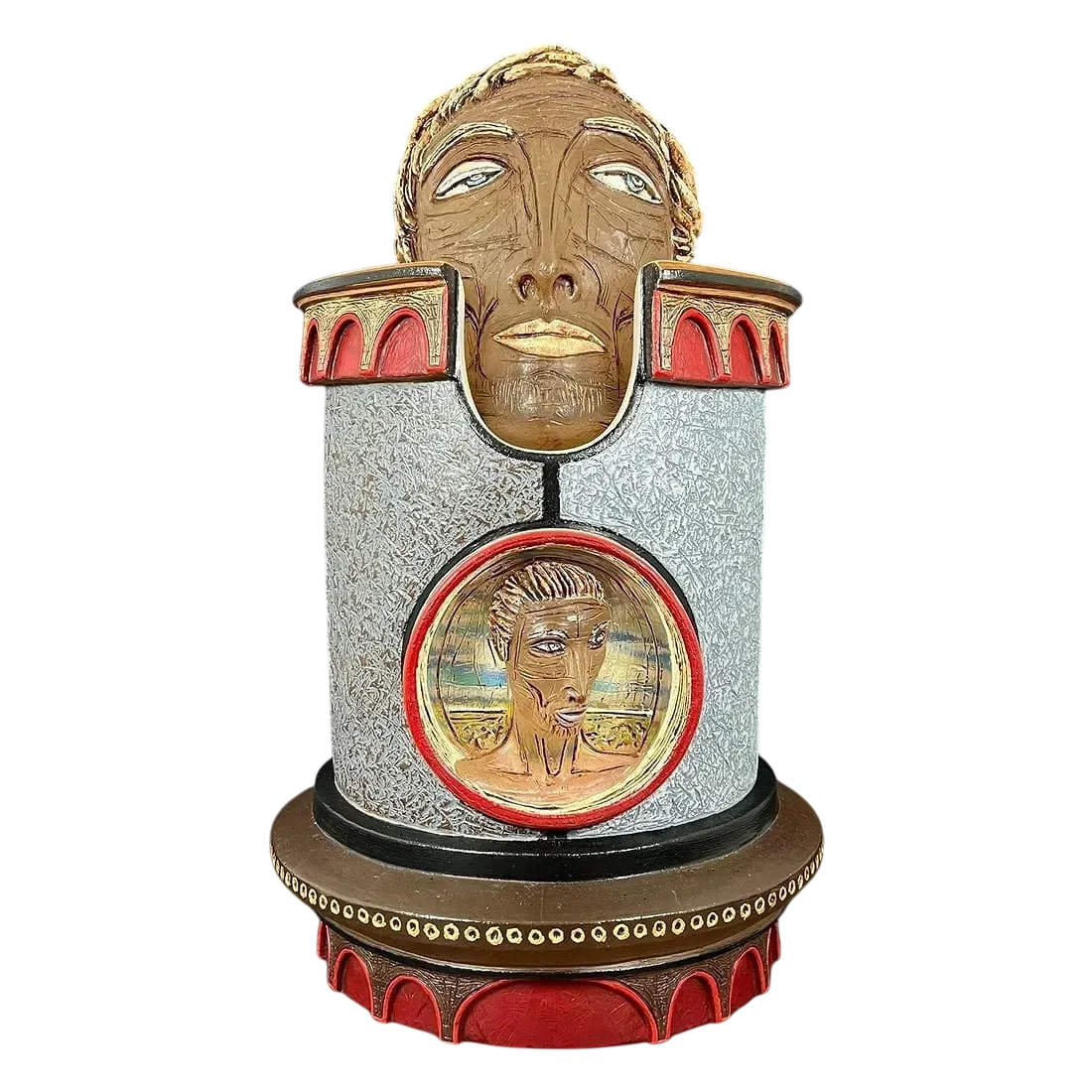 Mark Bokesch-Parsons resin modern art sculpture featuring stylized human faces and architectural forms.