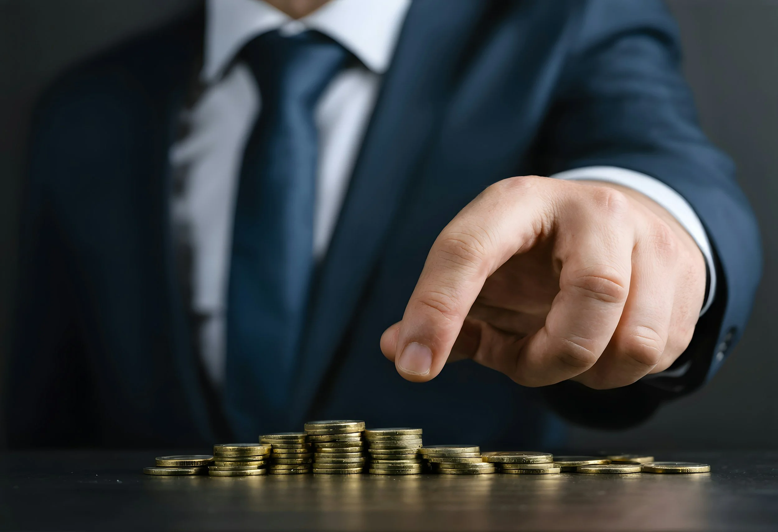 A person in a business suit stacking coins on a table