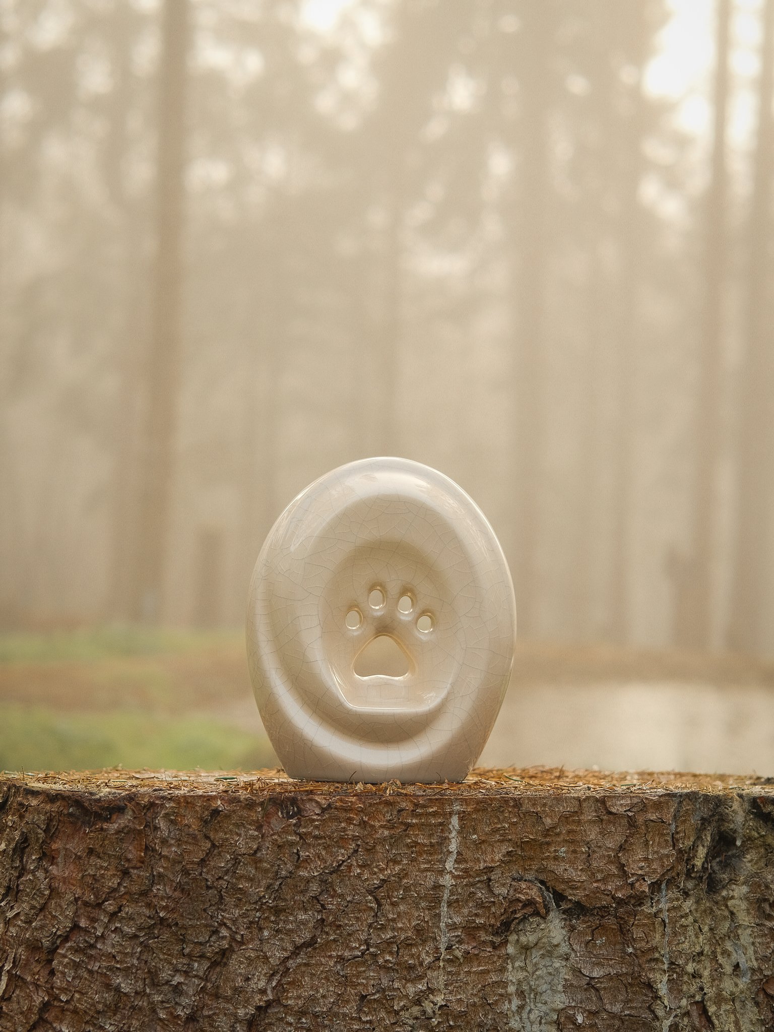 A small, oval-shaped soap with a paw print design carved into it, placed on a tree trunk with a blurred forest background. A bespoke pet cremation memorial in south Wales, Carmarthenshire