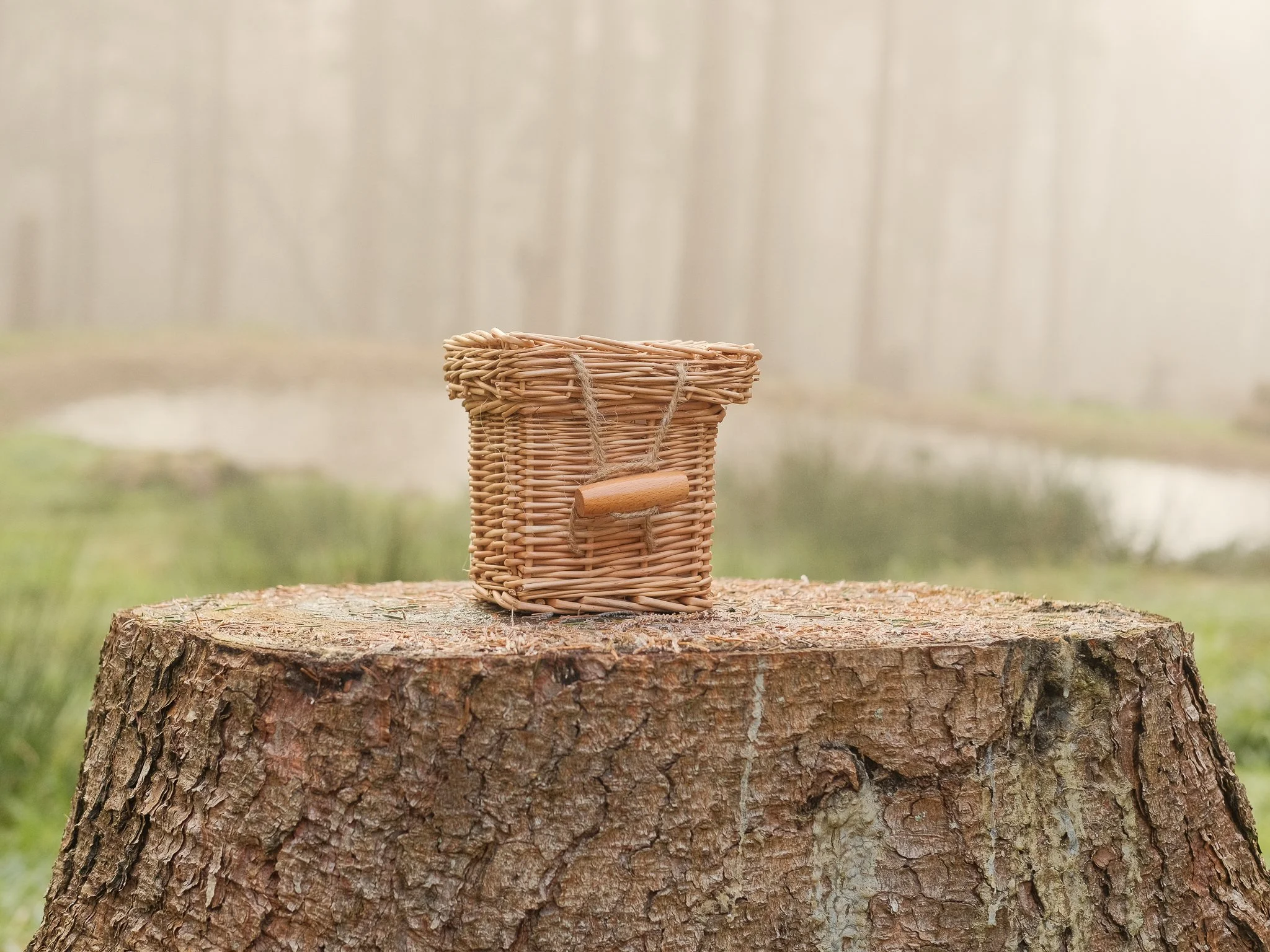 A small woven wicker basket for use after a pet cremation in Wales, with a handle sitting on a tree stump outdoors near a pond, with a blurred forest in the background.