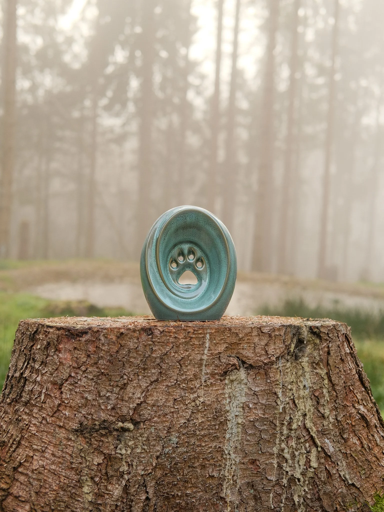 A ceramic soap dish with a paw print design displayed on a tree stump outdoors with a forest background. Pet cremation memorial products in Pembroke