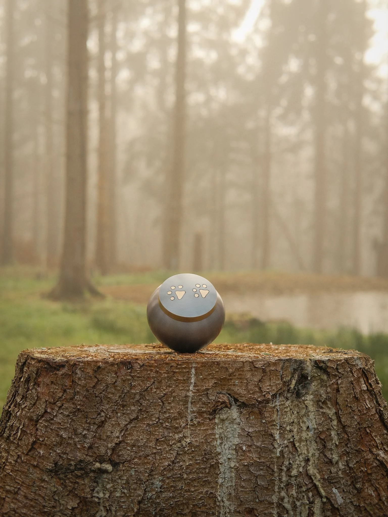 A metallic spherical object with a smiling face drawn on it, sitting on top of a tree stump in a foggy forest, with tall trees in the background. A casket for a pet cremation in Wales