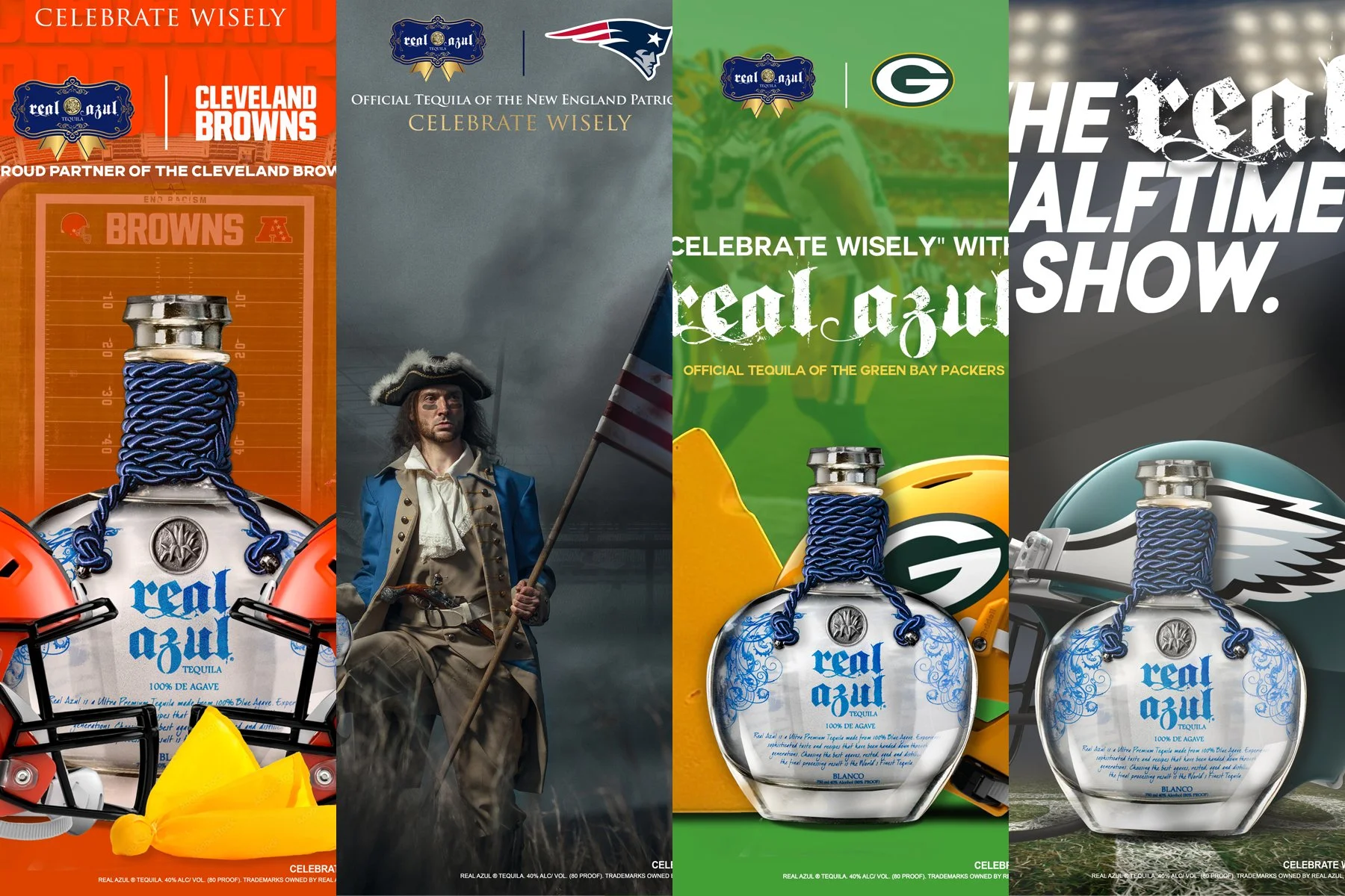 The image features various promotional posters and packaging designs for Real Azul tequila. The posters include celebrations of sports teams like the Cleveland Browns, New England Patriots, Green Bay Packers, and Philadelphia Eagles, with related graphics and phrases such as 'Celebrate Wisely.' The tequila bottles are prominently displayed, each with a blue cord wrapped around their necks, and the packaging emphasizes the product's premium quality.