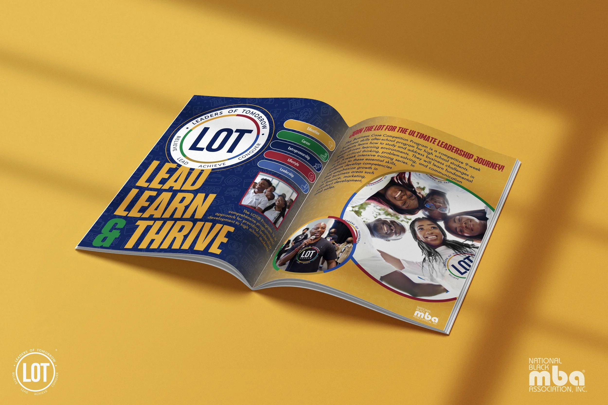 Open magazine featuring the Leaders of Tomorrow (LOT) logo, slogans about leadership, and pictures of diverse enthusiastic young people on a yellow background.