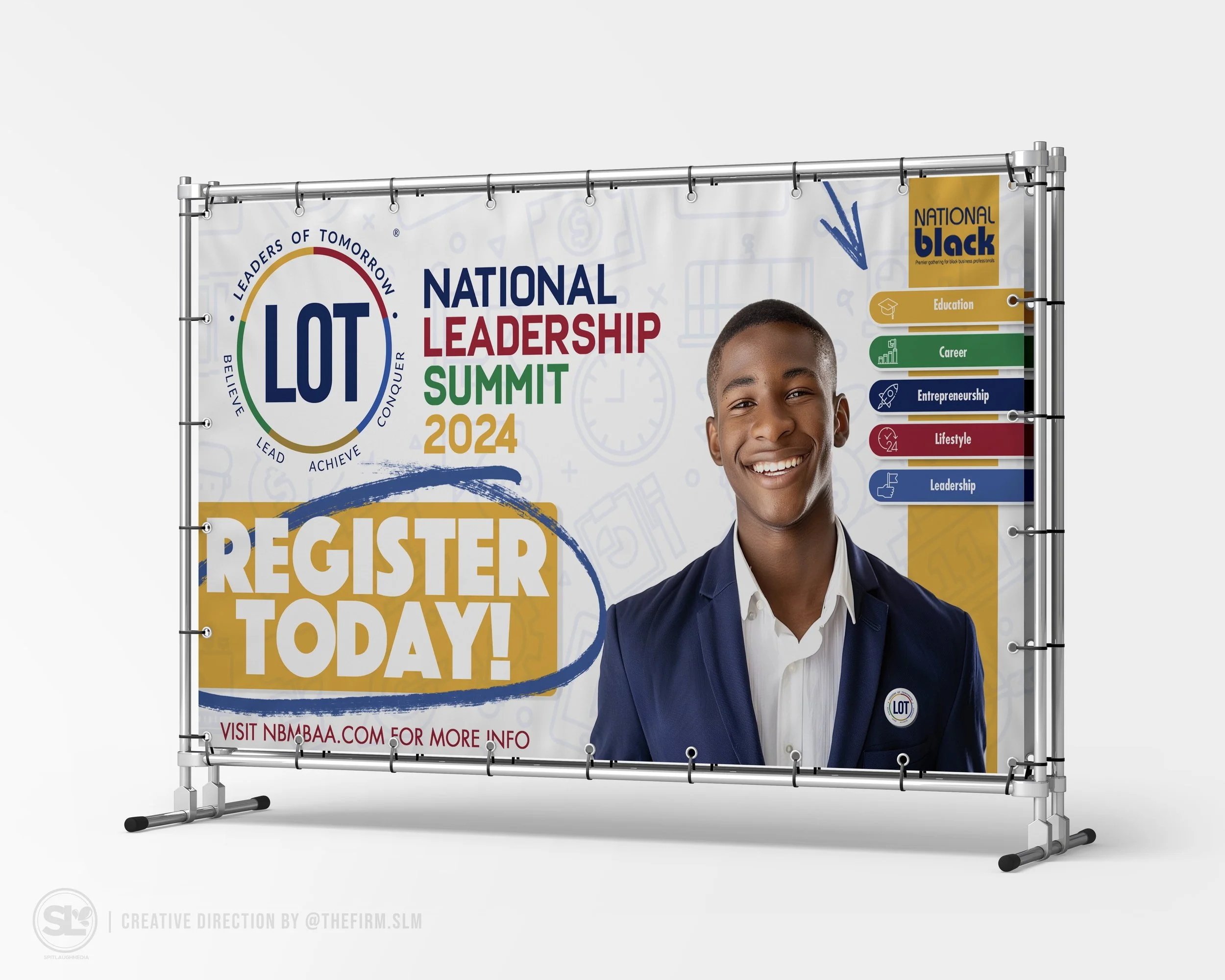 Banner for the National Leadership Summit 2024 featuring a smiling young man in a suit, with icons representing education, career, entrepreneurship, lifestyle, and leadership on the side.