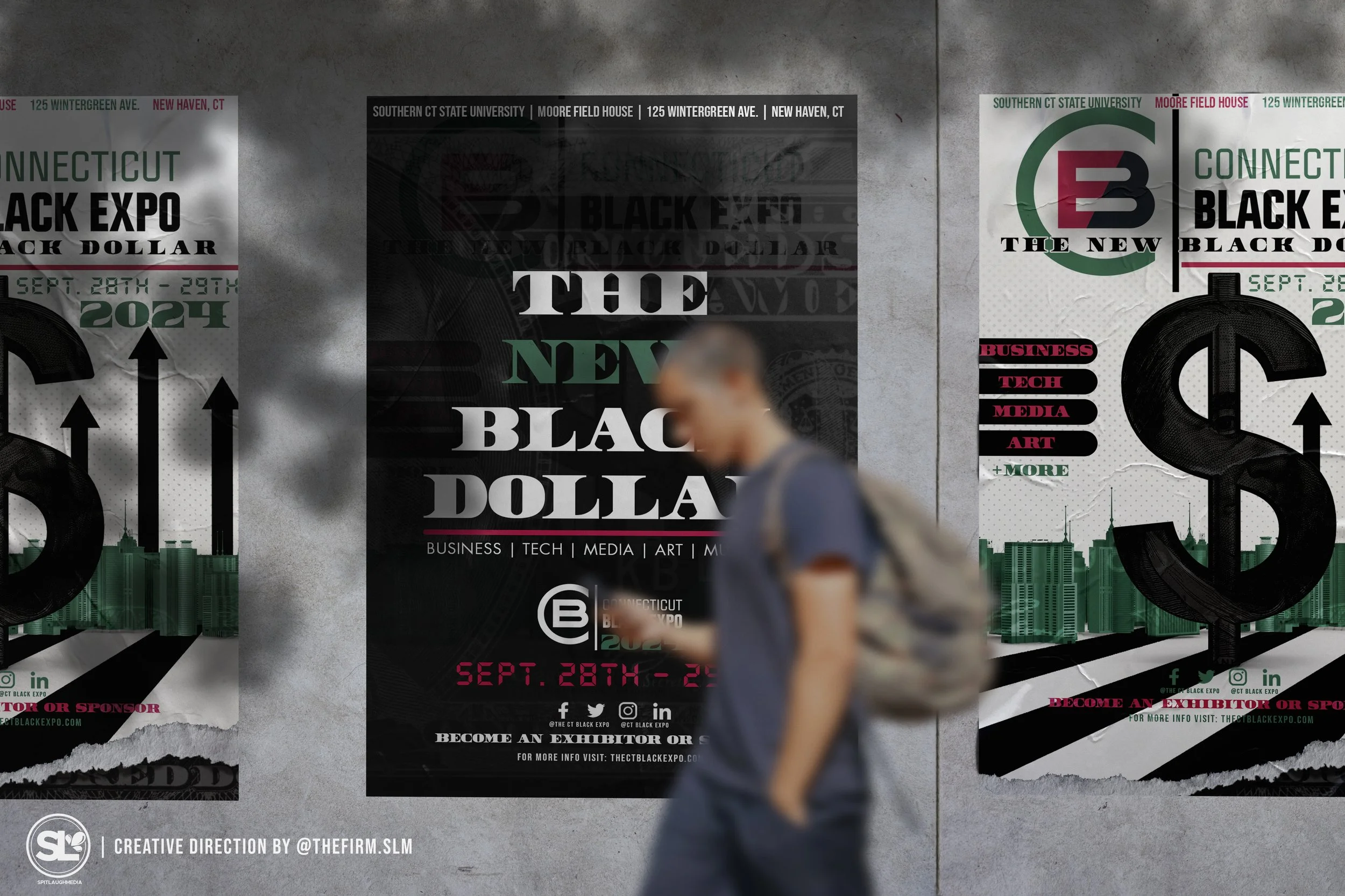 Three posters on a concrete wall promoting the Connecticut Black Expo, scheduled for September 28-29, 2024, with details about the event and its location at Southern Connecticut State University.
