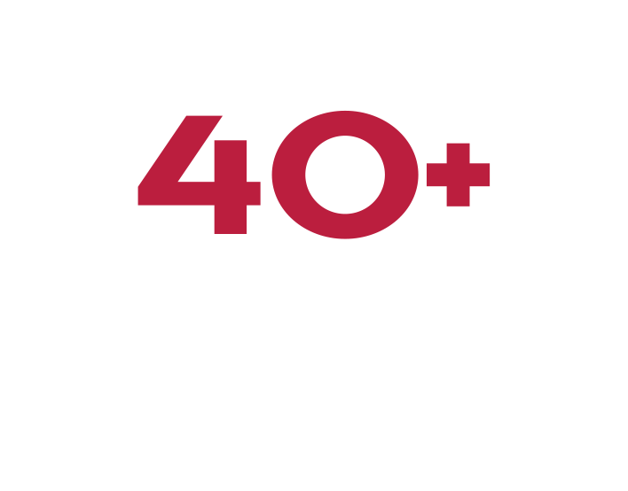 Text stating '40+ EVENT BRAND ASSETS DEVELOPED' with the number 40+ in large maroon font on a black background.