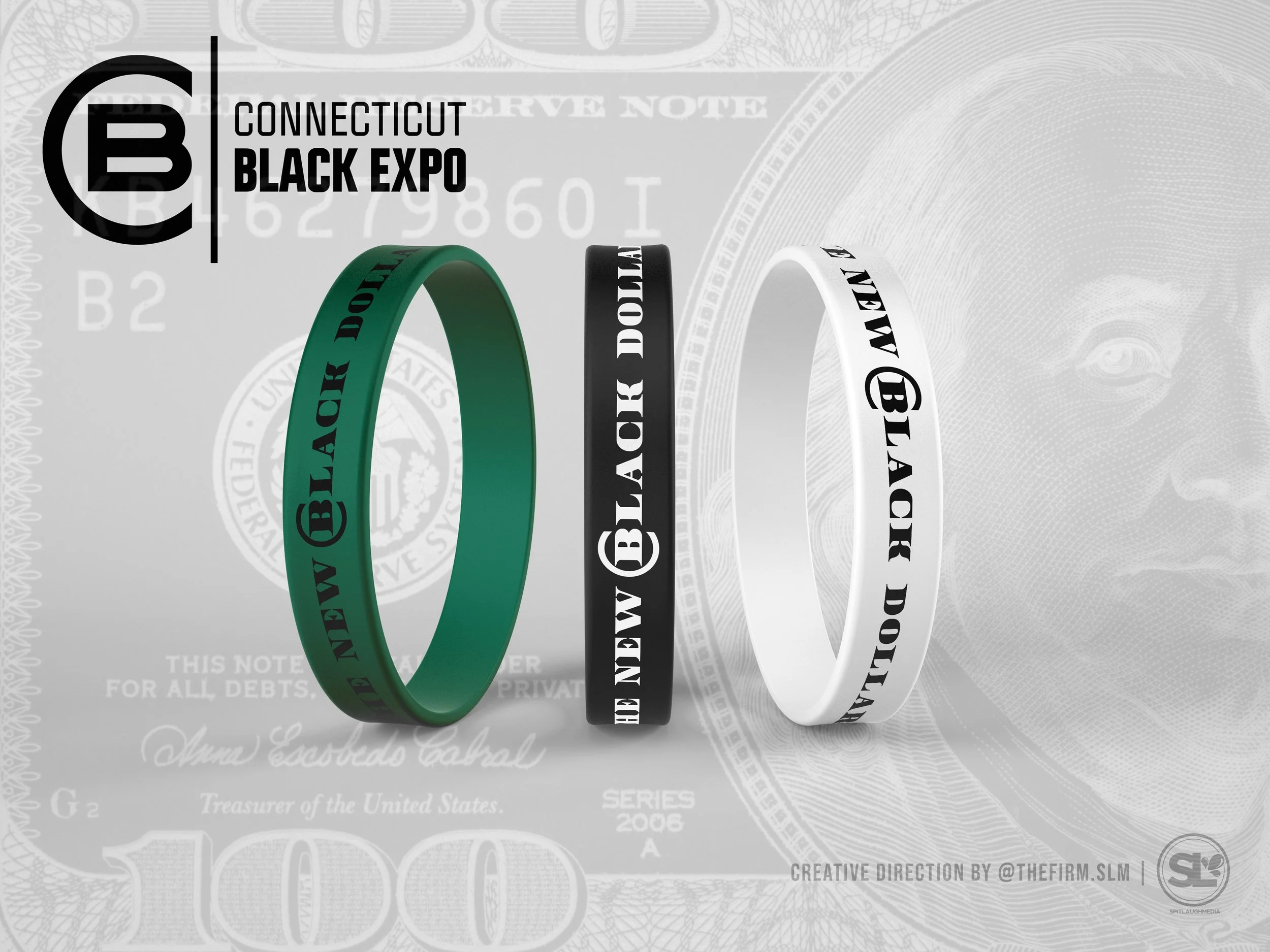 Three silicone wristbands in green, black, and white with message 'BLACK EXPO' and 'DREAM' printed on them, displayed against a light background with a transparent overlay.