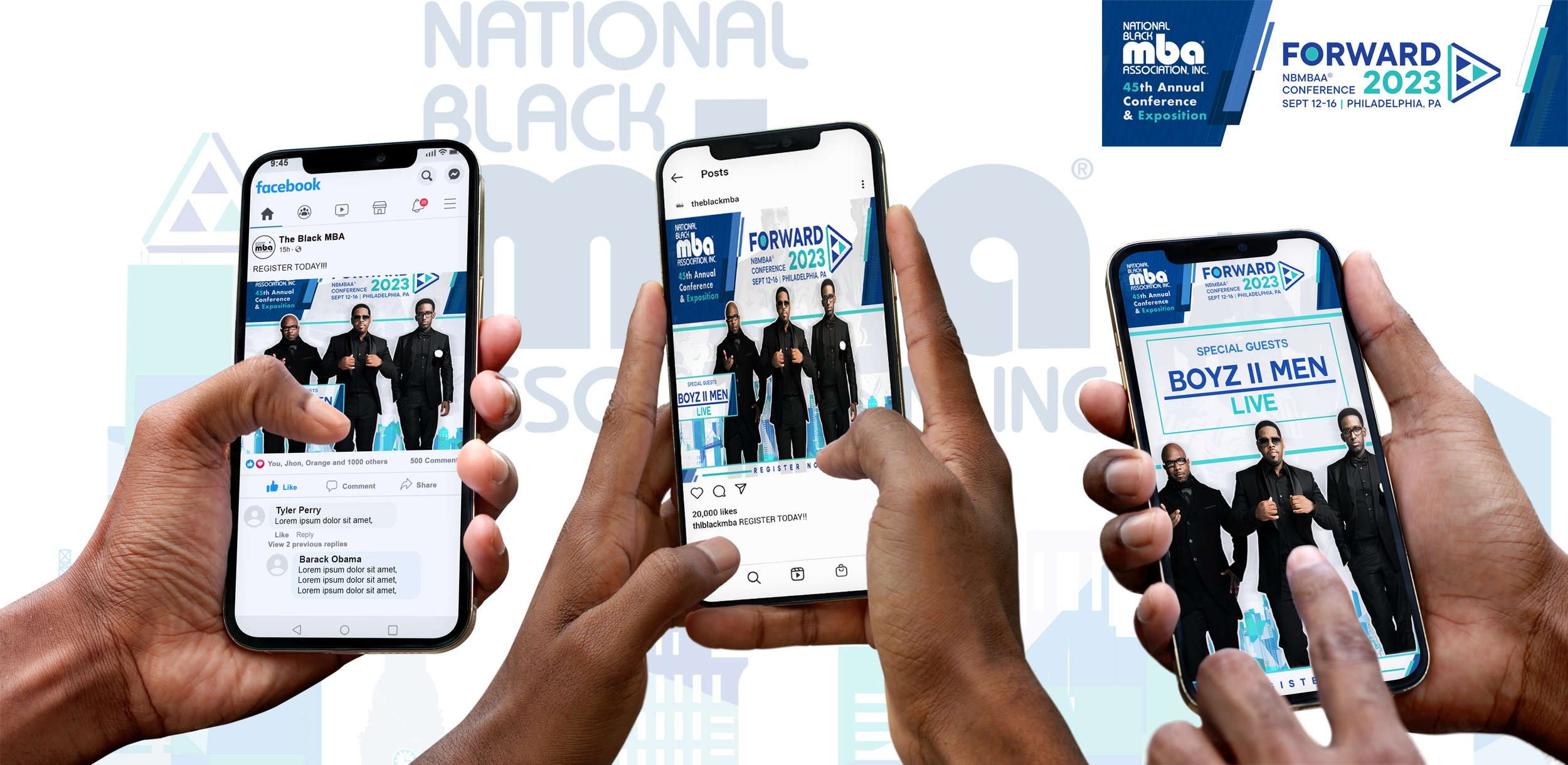 Several hands holding smartphones displaying promotional images and social media posts about the National Black MBA Association's 45th Annual Conference and Exposition in Philadelphia, September 12-16, 2023, featuring the band Boyz II Men.