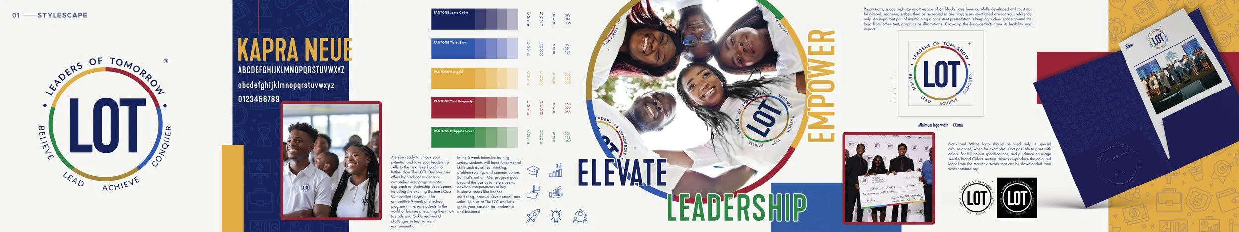 A promotional brochure for LOT emphasizes leadership values such as believe, lead, achieve, and conquer. It features group photos of students, a color palette including navy blue, royal blue, orange, burgundy, and green, and various graphics and text about leadership development programs.