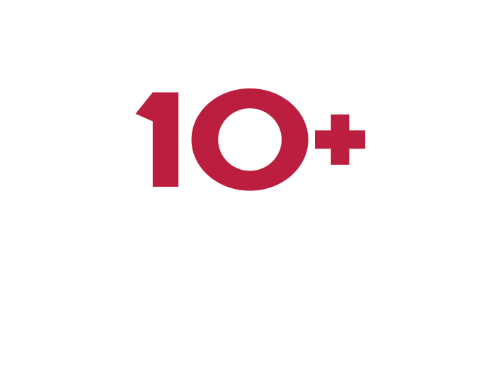 Graphic with large maroon '10+' text on a white background.