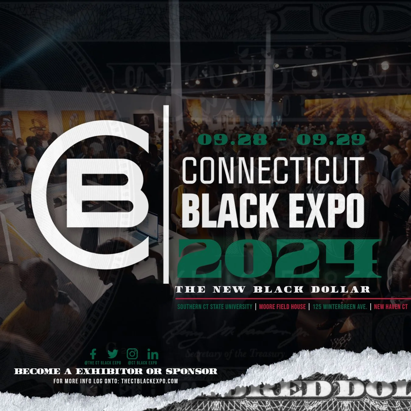 Event poster for the Connecticut Black Expo 2024 taking place on September 28-29 at Moore Field House, featuring a large crowd and artwork on display, with details about sponsors and locations in Connecticut.
