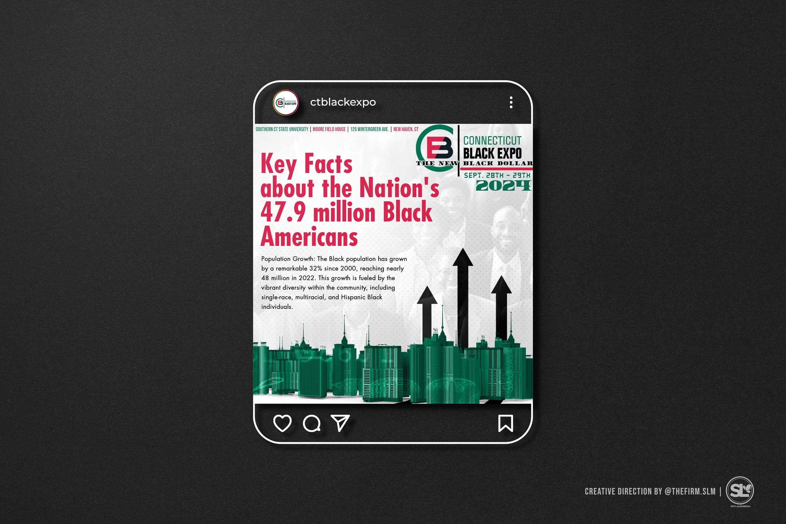 A digital poster for the Connecticut Black Expo displaying key facts about the Black population in the United States, highlighting a growth of 32% since 2000 to nearly 48 million in 2022, held from September 28th to 29th, 2024, at Moore Field House, 125 Wintergreen Ave., New Haven, CT.