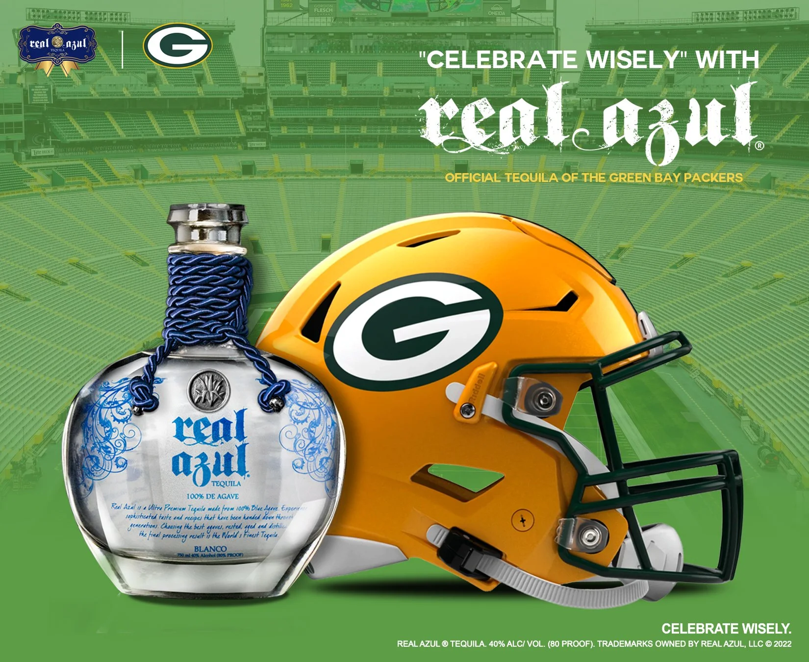 A Green Bay Packers football helmet and a bottle of Real Azul tequila, against a green stadium background with the text 'Celebrate Wisely'.