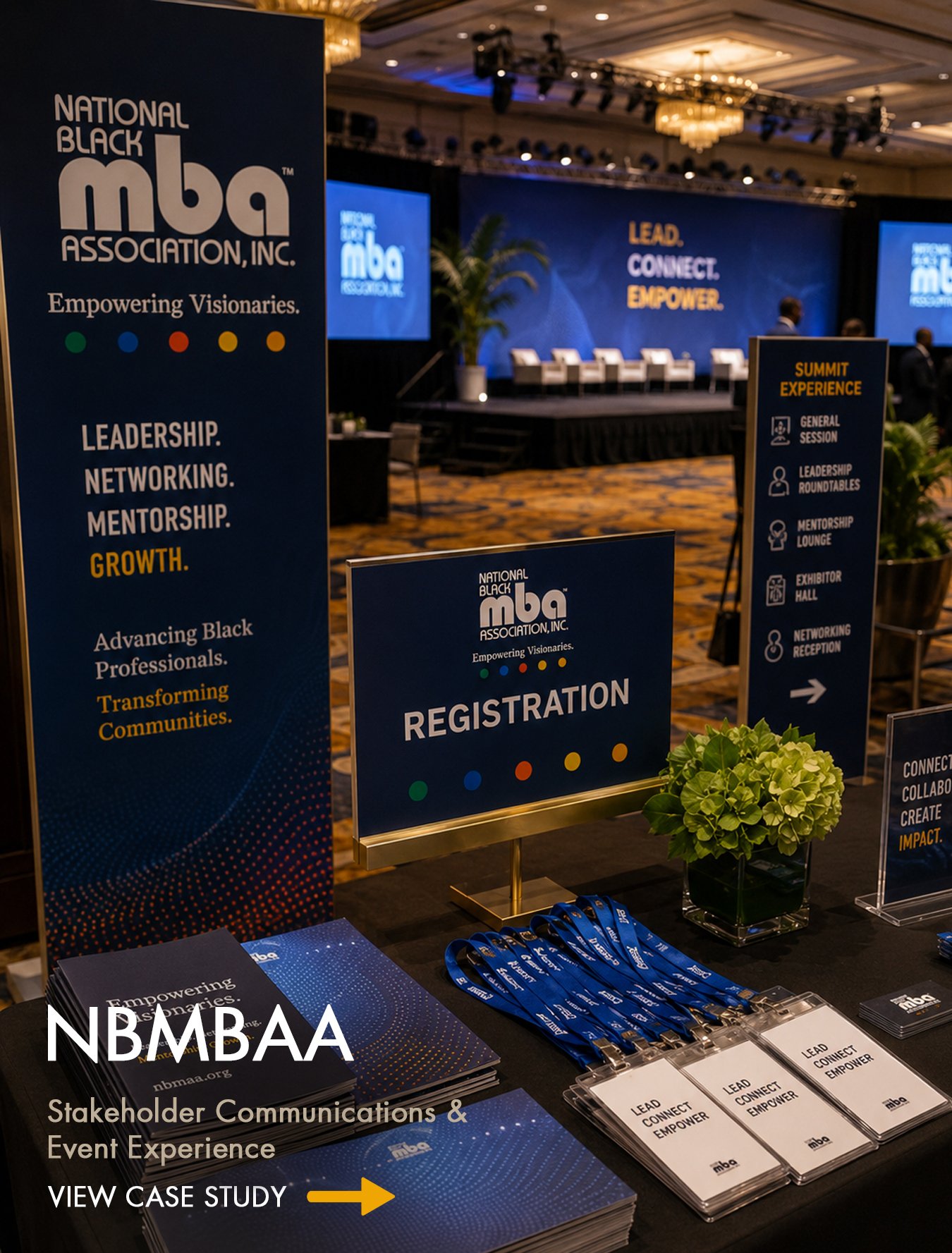 A conference registration area with signs for the National Black MBA Association, Inc., conference activities, and event information. The signs promote leadership, networking, mentorship, growth, empowering black professionals, and transforming communities. The area displays registration materials, lanyards, and informational brochures.