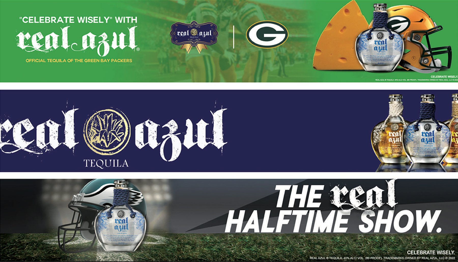 A banner advertisement for Real Azul tequila featuring football themed graphics, including green bay packers and football helmets, with text promoting celebrating wisely and halftime show events.