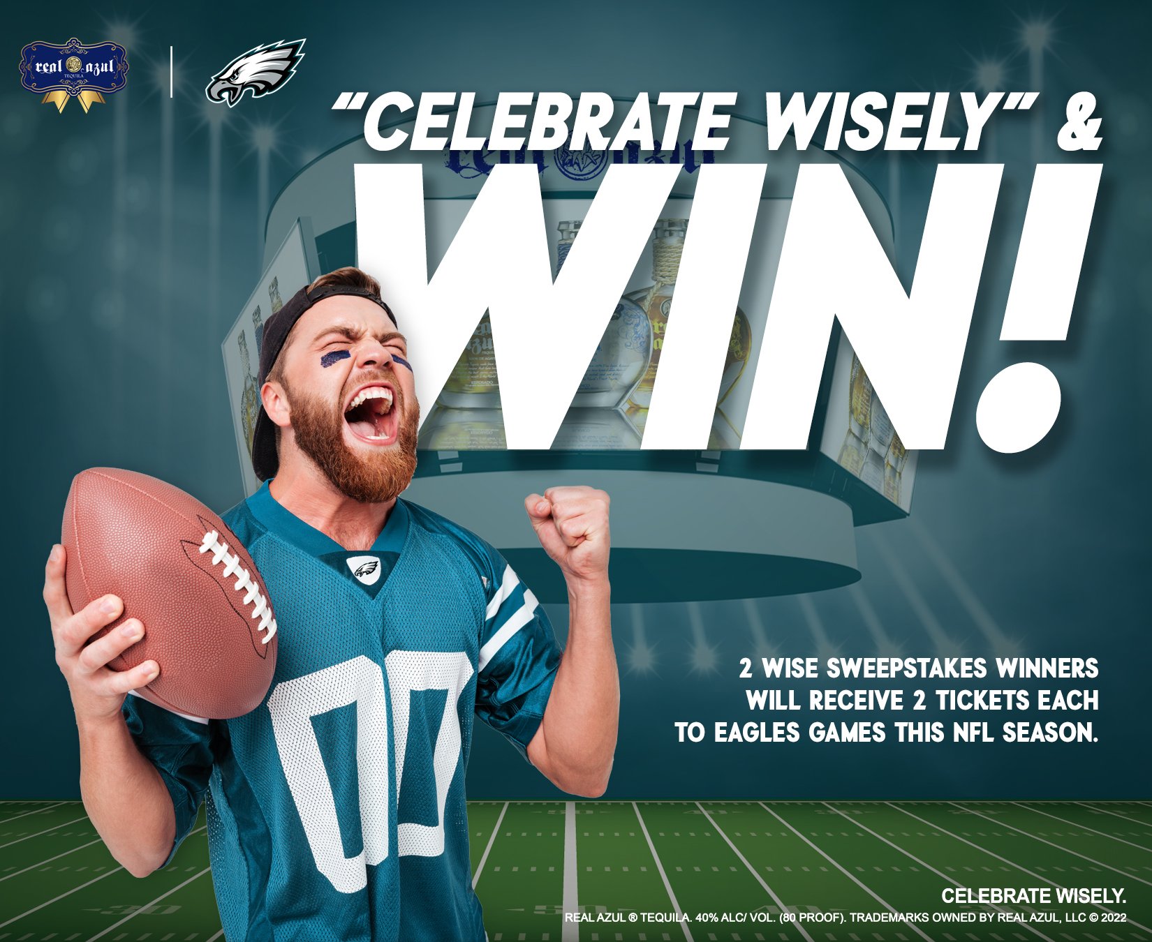 A man wearing a Philadelphia Eagles football jersey and face paint, celebrating with a fist in the air and holding an American football, in front of a sports-themed background featuring the text 'Celebrate Wisely' and a football stadium scene.