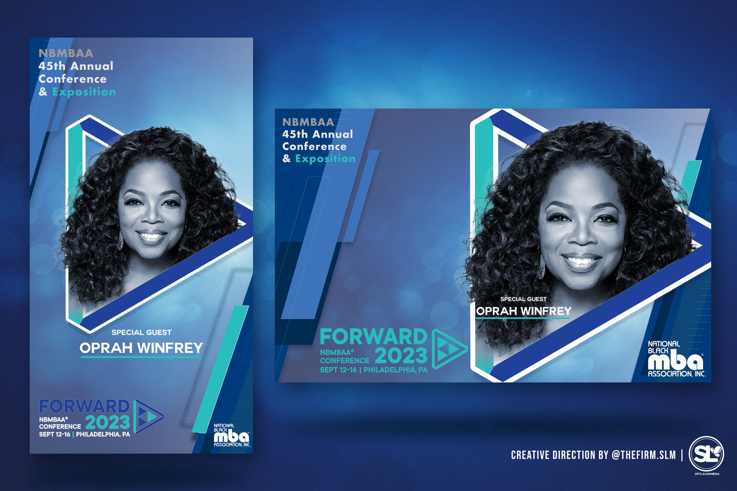 Event poster for the 45th Annual Conference and Exposition of the NBMBAA, featuring Oprah Winfrey, set to take place September 12-16, 2023, in Philadelphia, PA, with creative direction credited to @THFIRM.SLM.