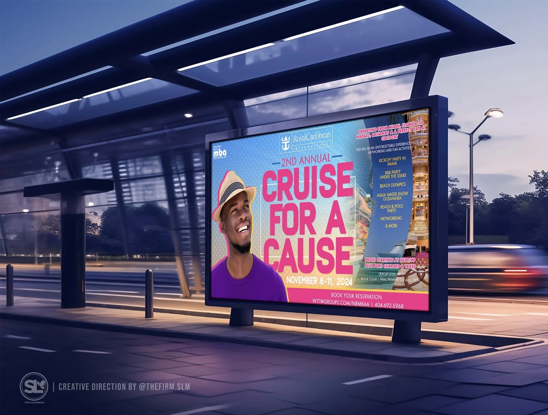 An advertisement poster at an outdoor bus stop promotes the 2nd Annual Cruise for a Cause event from November 8-11, 2024, with details about events like a kickoff party in Miami, a beach Olympics, water show, and networking activities, placed under a modern, curved shelter with streetlights in the background during dusk.