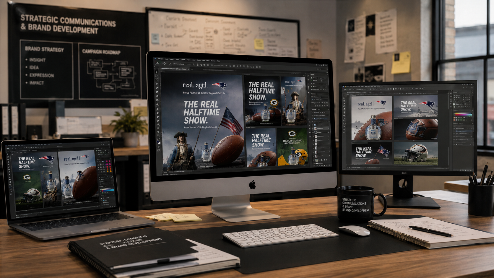 Multiple computer screens displaying promotional graphics for a halftime show featuring the New England Patriots and Green Bay Packers, with posters of football helmets, a pirate, and a bottle of alcohol, on a busy office desk with notebooks, a mug, and pens, in front of a blackboard with strategy notes.