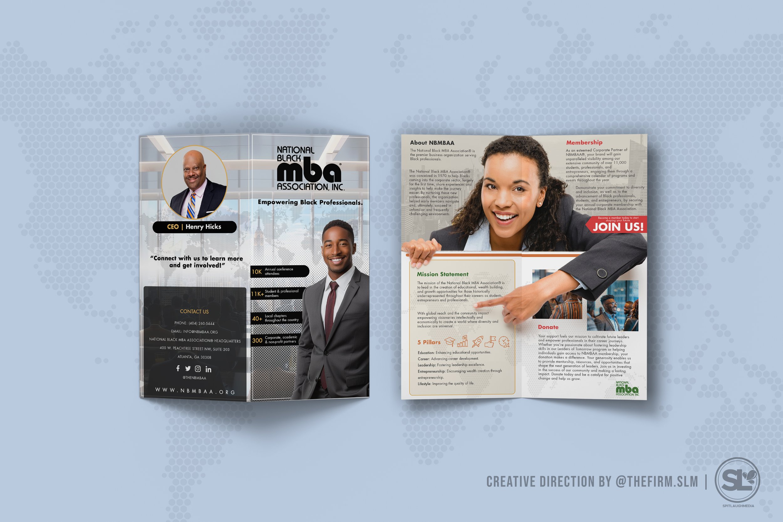 Brochure for the National Black MBA Association, Inc., featuring a smiling woman with curly hair and a man in a suit, with details about membership, mission, and contact information.