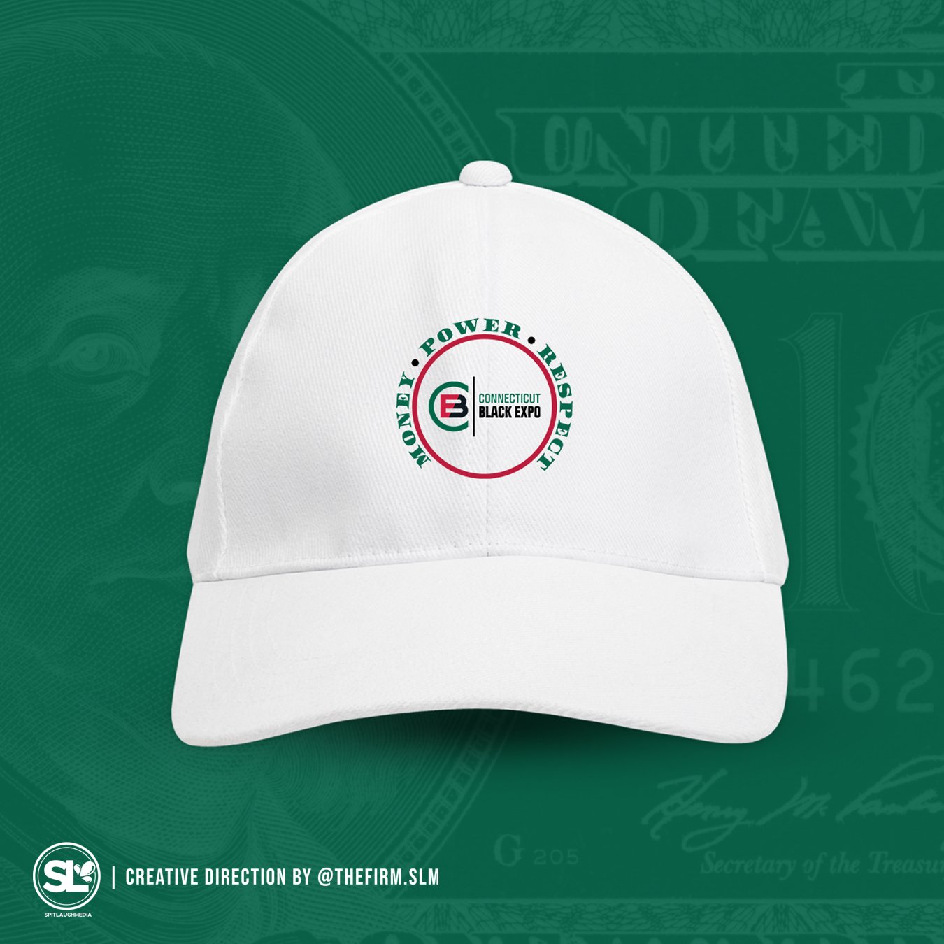 White baseball cap with a logo for the Connecticut Black Expo, featuring a red and green circular design with the words "Power," "Respect," and "Money" encircling a stylized letter "B."