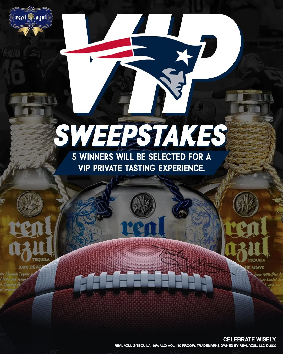 Poster advertising a contest by Real Azul Tequila, featuring bottles of tequila, a football with an autograph, and the NFL logo. It announces a sweepstakes for five winners to enjoy a VIP private tasting experience, with a dark background and NFL players in the background.