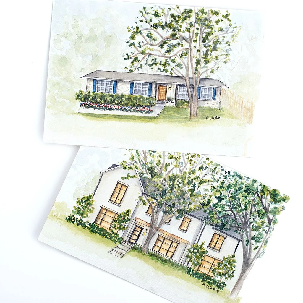 Double house portrait gift for a dad/home builder. Draper Custom homes are beautiful Dallas homes.