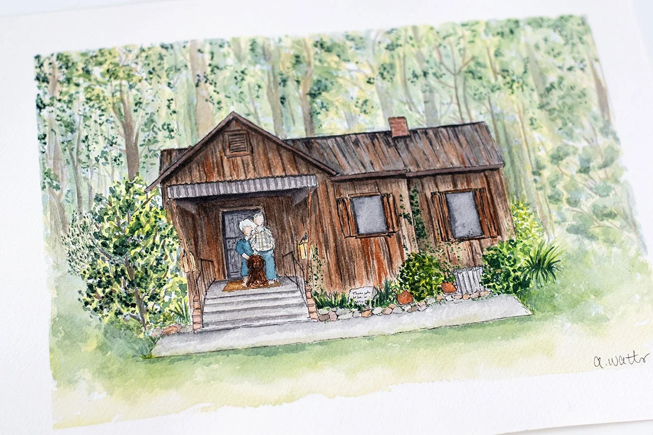 Custom house portrait of Tennessee, Great Smoky Mountain cabin. Family cabin was gifted to a dad who's grandparents built it.