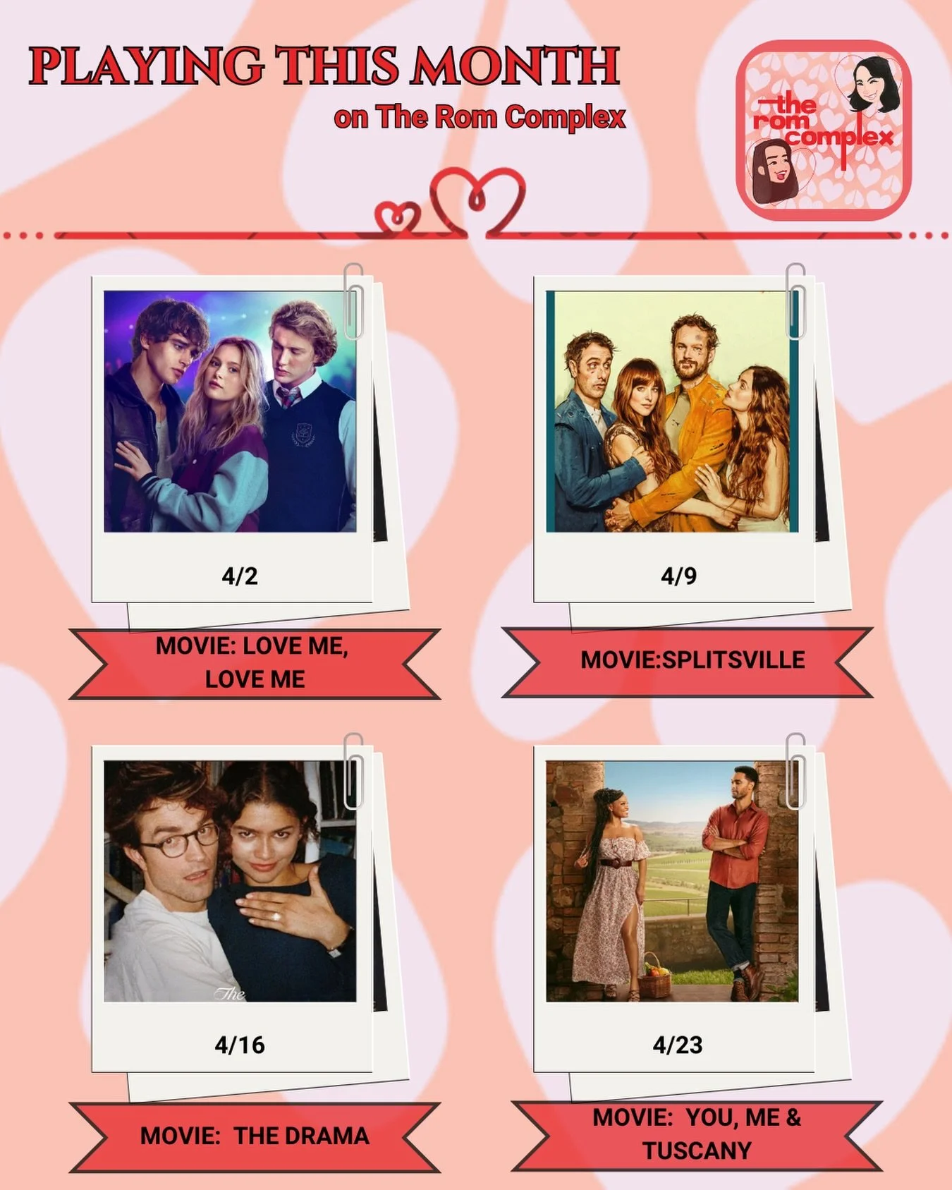 No April fools in this house, just a month of new movies on The Rom Complex!!

Kicking off the month with the new @primevideo movie Love Me, Love Me 💕 listen now!!!!