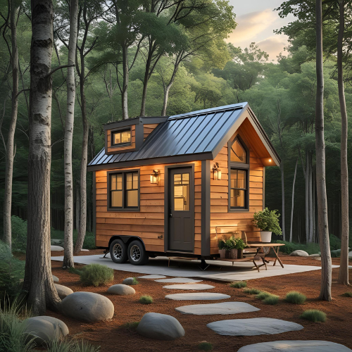 Small wooden tiny house with black trim, metal roof, large front window, surrounded by trees, with outdoor sitting area, pathway, and landscaped yard.